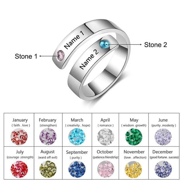 Anillo con nombres de familia y piedras de nacimiento