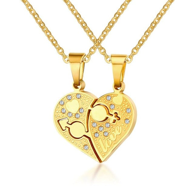 Rhinestone Love Heart Couples Necklace