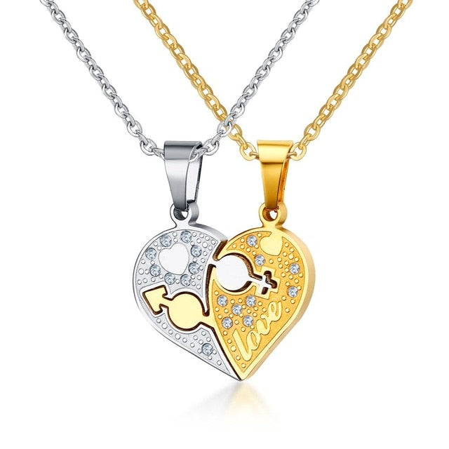 Rhinestone Love Heart Couples Necklace